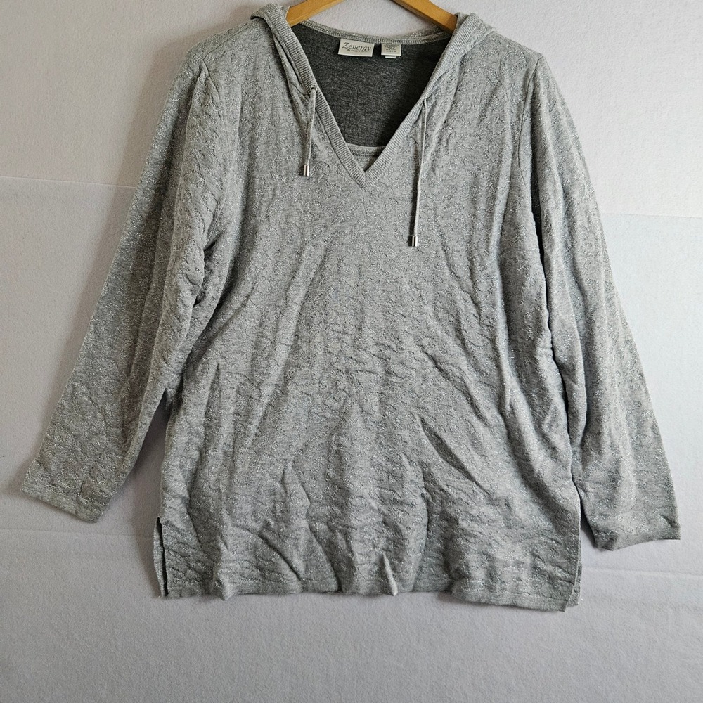 Chicos Zenergy Weekends Silver Metallic Animal Print Hoodie Tee Set Size 2 Large
